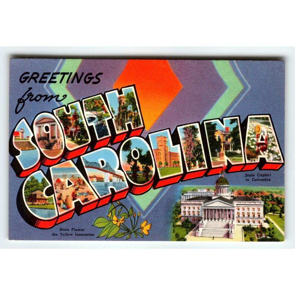 Vintage Greetings from South Carolina Postcard Tichnor 1940s Linen State Capitol